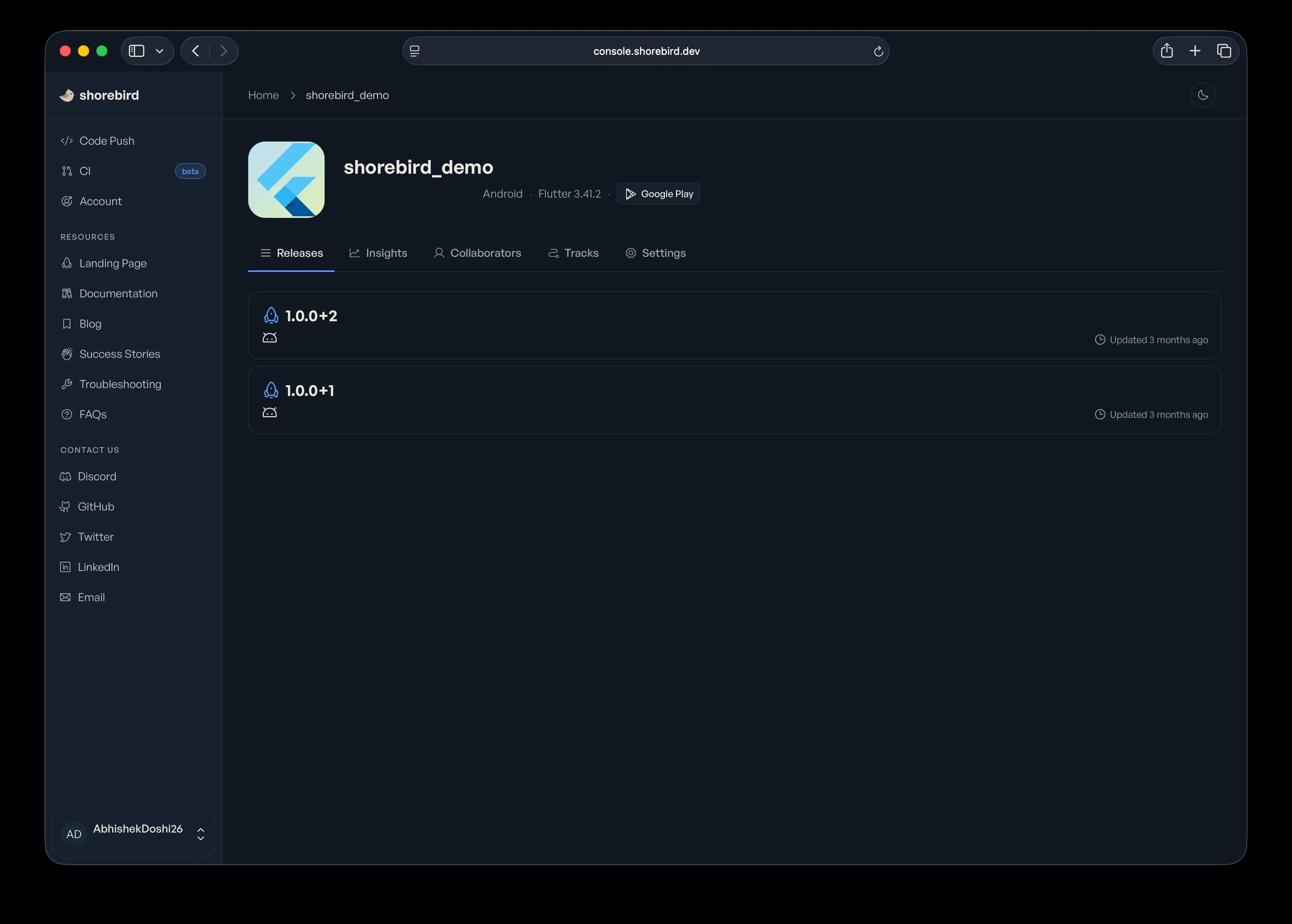 Shorebird Console listing an app's releases